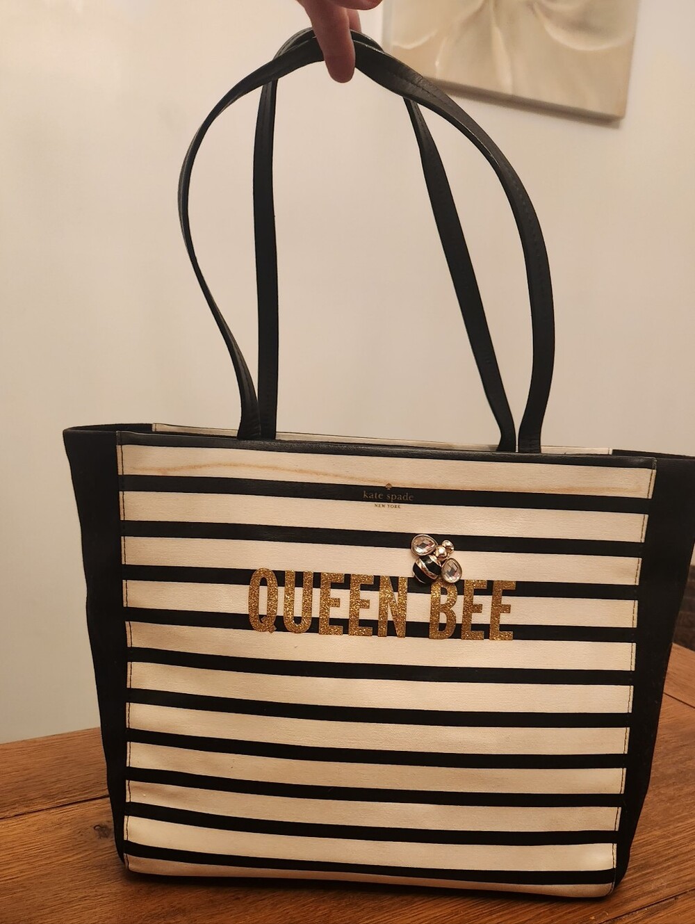 Kate Spade Unique Queen Bee Black & White Striped Tote